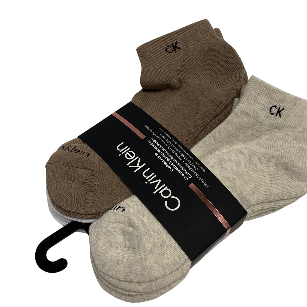 Calvin Klein Women 6 Pair Cushion Ankle Socks‎ Brown Oatmeal White One Size NWT